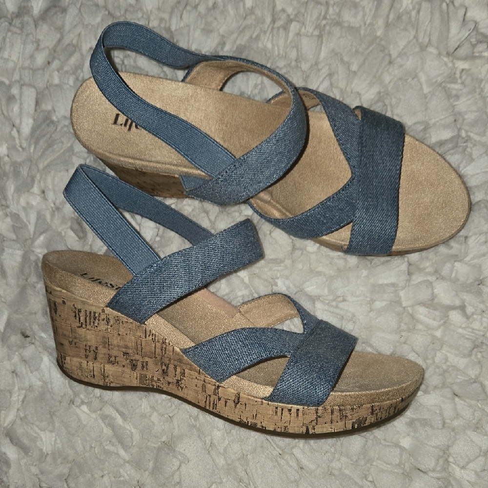 LifeStride Danita Blue Chambray Denim Cork Wedge Sandal Stretch Slingback 8 EUC